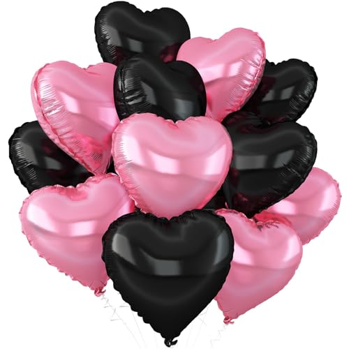 Fesnova Herzluftballons Set, 12 Stück Black Pink Herz Folienballons,Schwarz Pinke Luftballons, Rosa Schwarze Ballons für Geburtstag Verlobung Muttertag Valentinstag von Fesnova