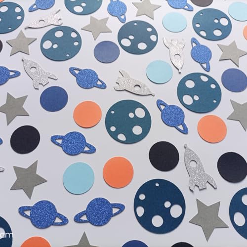 Fesnova Raum Konfetti-Dekoration, Planet Raumschiff Sterne, Blau Silber Orange, Papierdekorationen für Babyparty von Fesnova