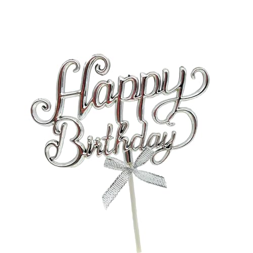 Fesnova Silberfarbener Happy Birthday Tortendekoration Topper mit Schleife Happy Birthday Cake Topper,Happy Birthday Tortendeko,Happy Birthday Cake Topper,Kuchenaufsatz für Mädchen,Kinder,Mutter von Fesnova