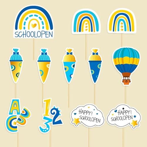 Fesnova Tortendeko Einschulung Cupcake Set,12 Stück Tortendeko Schulanfang,Regenbogen Design mit ABC und Zahlen, Kuchendekoration für Blau Einschulung Junge Deko von Fesnova