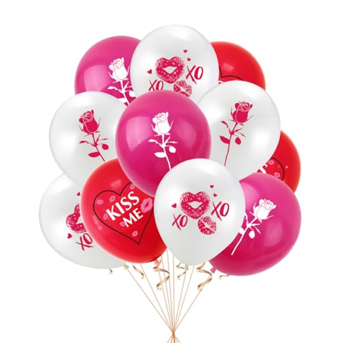 Fesnova Valentinstag Luftballons Rot Weiß Rosa Set, 12 Stück Verlobung Deko, mit Rosen und Kuss Motiven für Valentinstag Hochzeitstag Geburtstag Feier Abschlussball Party Romantische Dekoration von Fesnova