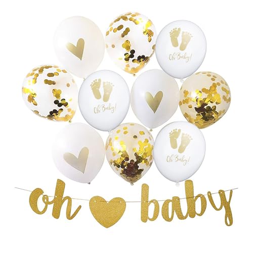 Fesnova babyparty deko Set,babyparty deko mädchen Weiße und Goldene Luftballons mit Oh Baby Schriftzug,baby shower deko Konfetti-Ballons und Herz-Design, Girlande von Fesnova