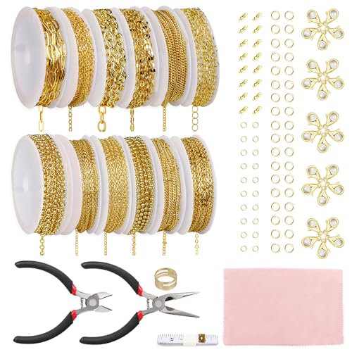 Fesorsi Goldkette zur Schmuckherstellung, 29 m, 12 Rollen, Halskette und Schmuckherstellung, DIY-Armband, nicht anlaufgeschützt, Ketten-Set mit Edelstahl-Bindering, Karabinerverschluss-Zubehör Fesorsi Goldkette zur Schmuckherstellung, 29 m, 12 Rollen, Halskette und Schmuckherstellung, DIY-Armband, nicht anlaufgeschützt, Ketten-Set mit Edelstahl-Bindering, Karabinerverschluss-Zubehör von Fesorsi