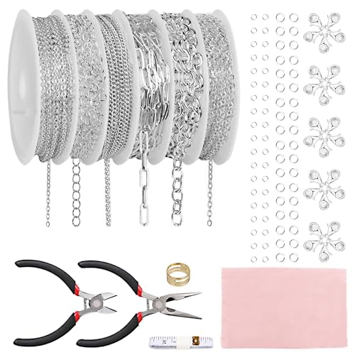 Fesorsi Silberne Halskette zur Schmuckherstellung, 14 m, 6 Stile, gerollter Stahl, DIY-Schmuckkette, Rolle, Armband, Bulk Gliederung, permanent, für Ohrringe, Fußkettchen, Basteln mit Sprungring, von Fesorsi