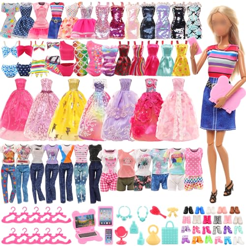 Festfun Kleidung für Puppen 63 Puppenkleidung enthält Kleider Outfits Kleidung T-Shirt Oberteile Hosen Schuhe Puppenzubehör Kleiderbügel Laptop Handy für 11,5 Zoll 30 cm Puppen Zufällig Verschickt von Festfun