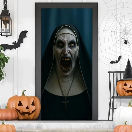FestiKiva Gruseliges Halloween-Türbanner 180×90 cm – Horror-Deko mit blutigen Händen, Clown & Nonne, für Haustür, Veranda, Party, Garten, Zuhause, Spukhaus (Nonne) von FestiKiva