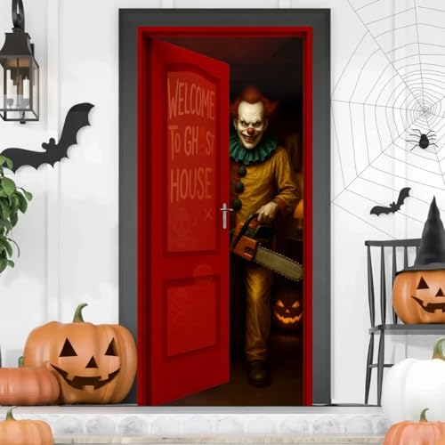 FestiKiva Gruseliges Halloween-Türbanner 180×90 cm – Horror-Deko mit blutigen Händen, Clown & Nonne, für Haustür, Veranda, Party, Garten, Zuhause, Spukhaus (Öffne die Tür) von FestiKiva