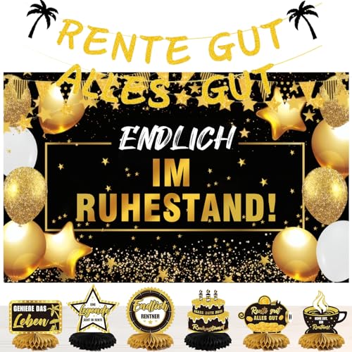 Willkommen im Ruhestand Party Deko-Set – mit ‚Willkommen im Ruhestand‘ Banner-Hintergrund, RENTE GUT ALLES GUT‘ Girlande, 6 Tischdekorationen Willkommen im Ruhestand Party Deko-Set – mit ‚Willkommen im Ruhestand‘ Banner-Hintergrund, RENTE GUT ALLES GUT‘ Girlande, 6 Tischdekorationen von FestiKiva