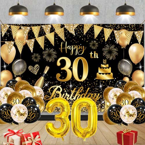 30. Geburtstag Deko, Deko 30 Geburtstag Männer Frauen, Groß Banner und Schwarz Gold, für Frau Mann von FestiVibe