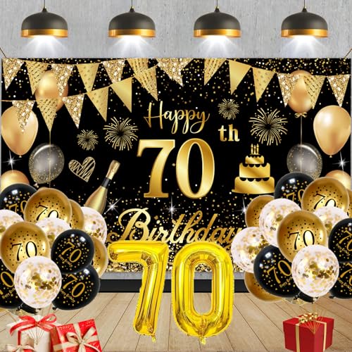 70 Geburtstag Deko, Deko 70 Geburtstag Frauen Mann, Groß Banner und Schwarz Gold, für Frau Mann Deko 70. Deburtstag von FestiVibe