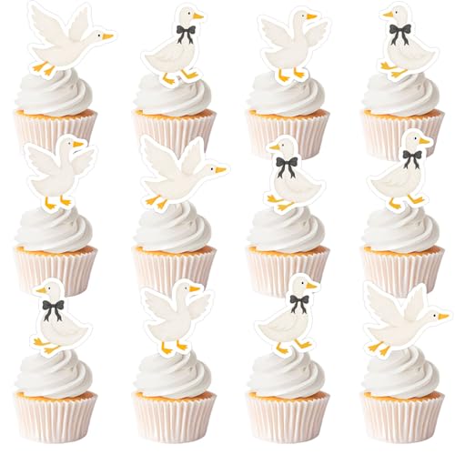 36 Stück Gänse-Cupcake-Topper, eine alberne Gänse-Party-Dekoration, schwarze Schleife, weiße Gans, Cupcake-Picks, Bauernhof-Tier-Thema, Kuchendekoration für lustige Enten-Bday Babyparty-Zubehör von Festiblast