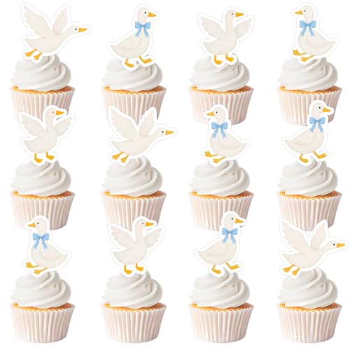 36 Stück alberne Gänse-Cupcake-Topper, Gänse 1. Geburtstag, Party-Dekorationen, weiße Gänseblaue Schleife, Cupcake-Picks, Bauernhof-Tier-Thema, Kuchendekoration für lustige Ente, Geburtstag, Babyparty von Festiblast