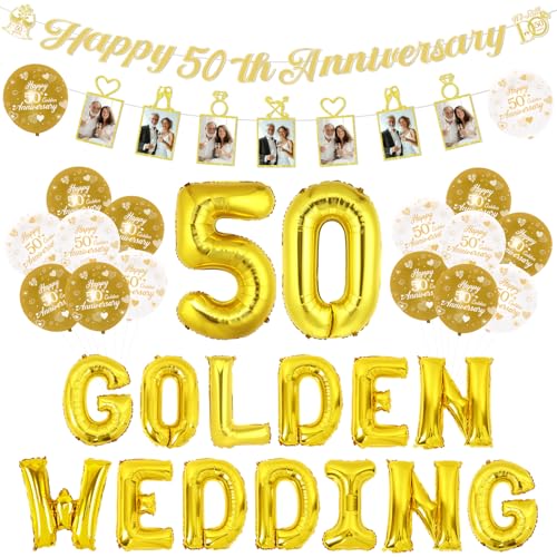 50th Wedding Anniversary Decorations Happy 50th Anniversary Banner Photo Banner Balloon Kit with Golden Wedding Balloon Banner Number 50 Balloon for Celebration 50th Golden Wedding Decoration Supplies von Festiblast