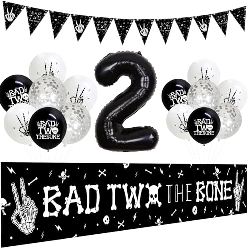 Bad Two The Bone Party-Dekorationen für Jungen, Rock-Thema, 2. Geburtstag, Hof-Banner, Ballonbogen-Set, schwarzer Knochen, Totenkopf, zweiter Geburtstag, Dekoration für Jungen, Rock n Roll 2 Bad Two The Bone Party-Dekorationen für Jungen, Rock-Thema, 2. Geburtstag, Hof-Banner, Ballonbogen-Set, schwarzer Knochen, Totenkopf, zweiter Geburtstag, Dekoration für Jungen, Rock n Roll 2 von Festiblast