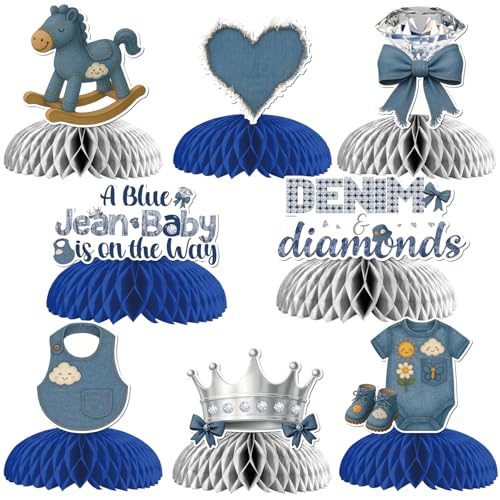 Blaue Jeans für Babypartys, Wabenaufsätze, Denim und Diamanten, Babyparty-Dekorationen, "A Blue Jean Baby is on the Way", Tischdekoration, Babyanzug, Krone, Diamant-Tischzubehör, 8 Stück Blaue Jeans für Babypartys, Wabenaufsätze, Denim und Diamanten, Babyparty-Dekorationen, "A Blue Jean Baby is on the Way", Tischdekoration, Babyanzug, Krone, Diamant-Tischzubehör, 8 Stück von Festiblast