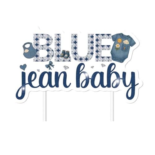 Blue Jean Baby-Kuchenaufsatz, Denim und Diamanten, Babyparty-Dekorationen, doppelseitiger Druck, Babyanzug, Diamanten, Schleife, Kuchen, Pick, Boho, rustikales Landthema, Geburtstagsparty-Dekorationen von Festiblast