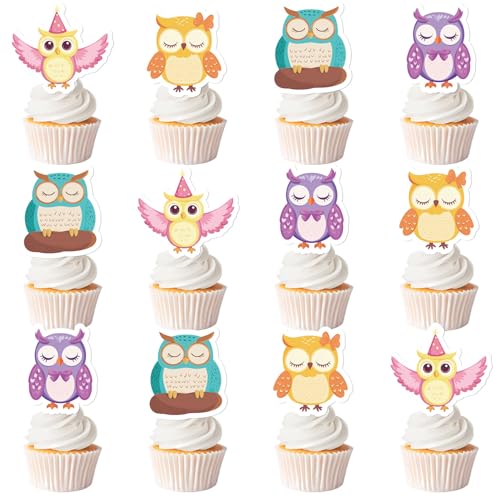 Cupcake-Topper, bunte Eulen-Aufsätze, Safari-Dschungel-Tier-Thema, Party-Kuchendekorationen für Grills, Geburtstag, Babyparty, Partyzubehör, 36 Stück von Festiblast