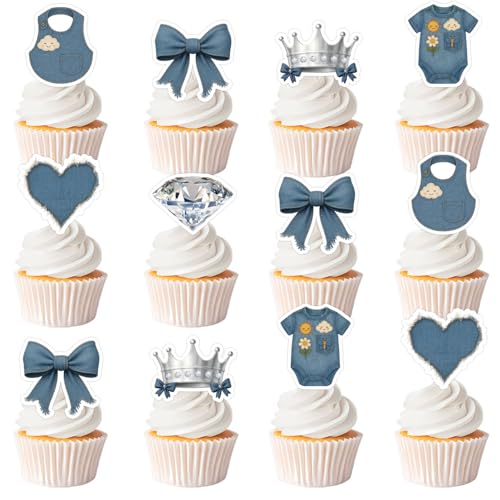 Cupcake-Topper für Babypartys, Denim- und Diamanten, Geburtstagsparty-Dekorationen, Babyanzug, Diamant-Krone, Kuchenspieße, 36 Stück von Festiblast