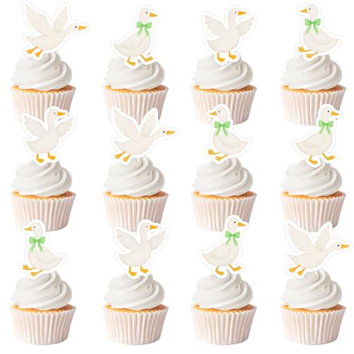 Cupcake-Topper für den 1. Geburtstag, Motiv: Gans, weiße Gänse, grüne Schleife, Cupcake-Picks, Bauernhof-Tier-Thema, Kuchendekoration für lustige Enten-Bday-Bday-Baby-Partys, 36 Stück von Festiblast