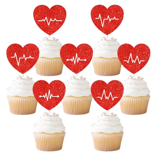 Cupcake-Topper mit Krankenschwester-Motiv, Herzschlag, Kurve, Cupcake-Topper, Krankenschwesterwoche, Party-Dekorationen, roter Glitzer, Glückwünsche, Krankenschwester-Kuchendekorationen für von Festiblast