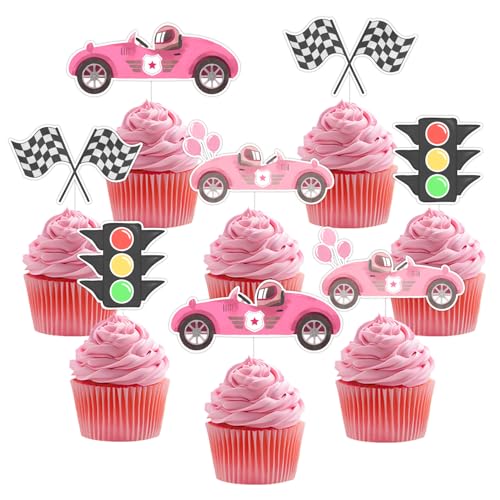 Cupcake-Topper mit Rennwagen-Motiv, "A Little Racer Is on the Way", Kuchendekoration, Rennwagen-Flagge, Ampel, Cupcake-Picks für Mädchen, schnelles Sportthema, Babyparty-Zubehör, 36 Stück von Festiblast