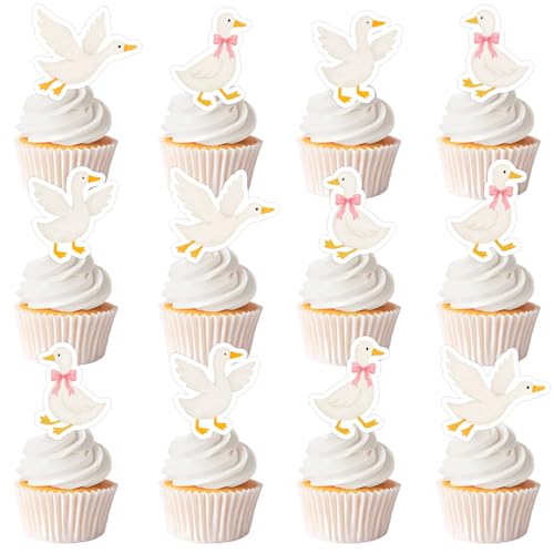 Cupcake-Topper mit weißer Gänseblume, rosa Schleife, für Babypartys, 1. Geburtstag, Kuchendekoration mit Bauernhof-Tiermotiv, für lustige Ente, Geburtstag, Babyparty, 36 Stück von Festiblast