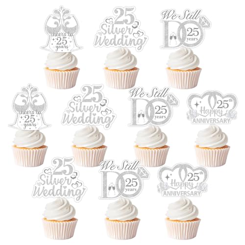 Cupcake-Topper zum 25. Hochzeitstag, 36 Stück, doppelseitig bedruckt, silberfarben, glitzernd, herzförmig, Weinglasring, Cupcake-Dekoration Cupcake-Topper zum 25. Hochzeitstag, 36 Stück, doppelseitig bedruckt, silberfarben, glitzernd, herzförmig, Weinglasring, Cupcake-Dekoration von Festiblast