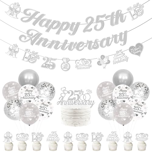 Dekorationen zum 25. Jahrestag, "Happy 25th Anniversary" Banner Girlande Silber 25. Hochzeit Luftballons Kuchen und Cupcake Topper Kit Cheers to 25 Years We Still Do 25 Years Party Supplies von Festiblast