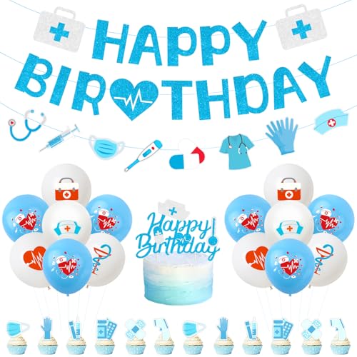 Doctor Theme Birthday Party Decorations, Happy Birthday Blue Glitter Banner Cake Topper Nursing Hat Printed Balloons Garland Cupcake Topper Set for Nurses Week Doctors Day Birthday Party Supplies Doctor Theme Birthday Party Decorations, Happy Birthday Blue Glitter Banner Cake Topper Nursing Hat Printed Balloons Garland Cupcake Topper Set for Nurses Week Doctors Day Birthday Party Supplies von Festiblast