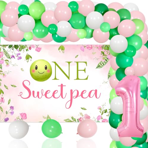 Eine süße Erbsengeburtstagsparty-Dekoration für Mädchen, Sweet Pea Themed 1. Geburtstag Party DIY Girlande Luftballons Hintergrund Kits mit 1 Nummer 1 Folienballon und 73 Stück Latexballon Erbse First Eine süße Erbsengeburtstagsparty-Dekoration für Mädchen, Sweet Pea Themed 1. Geburtstag Party DIY Girlande Luftballons Hintergrund Kits mit 1 Nummer 1 Folienballon und 73 Stück Latexballon Erbse First von Festiblast