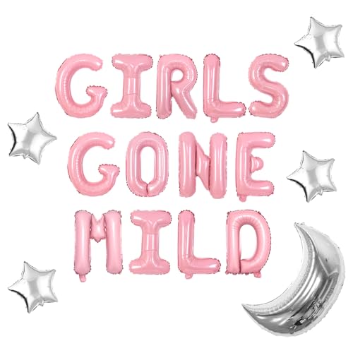 Girls Gone Mild Bachelorette Party Dekorationen, Mädchen Schlummerparty Ballon Dekorationen Silber Mond Sterne und Rosa Buchstaben Folienballons Kit für Frauen Sleepover Bachelorette Party Supplies von Festiblast