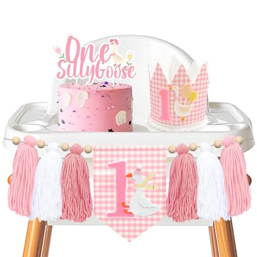 Goose 1st Birthday Decorations, One Silly Goose High Chair Banner Geese Theme Crown Cake Topper Set Pink Gingham Style 1st Birthday Decoration for Girls First Bday Supplies Photo Props Cake Smash von Festiblast