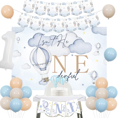 Heißluftballons 1. Geburtstag Dekorationen, Isn't He Onederful Hintergrund Wolke Heißluftballon Foto Girlande Blau One Hochstuhl Banner Kuchen Topper Ballons Kit für Mr. Onederful Birthday Party von Festiblast