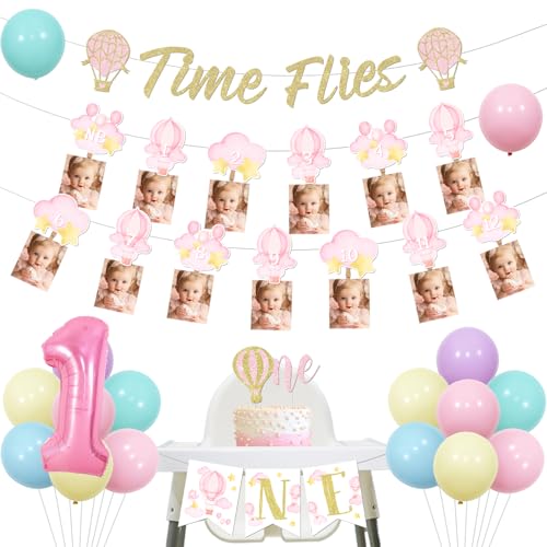 Heißluftballons 1. Geburtstag Dekorationen, Time Flies Banner Wolke Heißluftballon Foto Girlande Rosa One Hochstuhl Banner Cake Topper Ballons Kit für Isn't She Lovely Isnt She Onederful Party von Festiblast