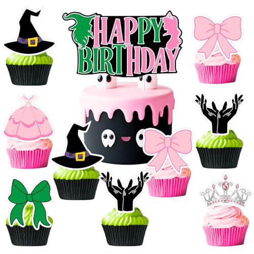 Hexen-Themen-Geburtstagsdekorationen, 25 Stück, Hexenprinzessin, Kuchen- und Cupcake-Topper, grün-rosa Schleifenkleid, magischer Hut, Kuchendekoration für Halloween, Mottogeburtstag, Partyzubehör von Festiblast