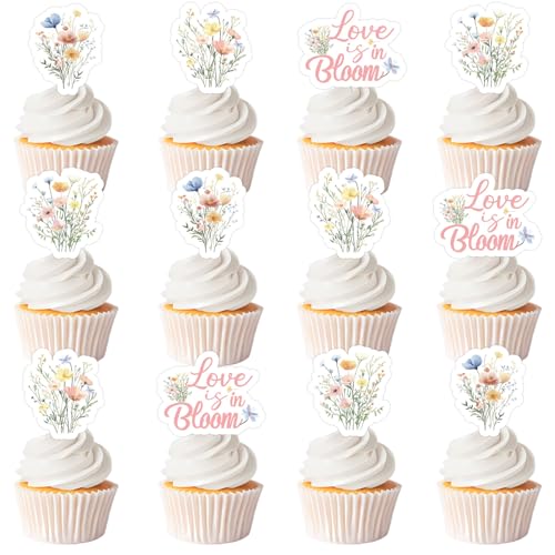 Love Is In Bloom Brautparty-Dekorationen, 36 Stück, florales Wildblumen-Thema, Cupcake-Topper, rosa Blume, doppelseitiger Druck, Cupcake-Picks, Blüte, Brautparty, Dekoration für Love Is In Bloom Brautparty-Dekorationen, 36 Stück, florales Wildblumen-Thema, Cupcake-Topper, rosa Blume, doppelseitiger Druck, Cupcake-Picks, Blüte, Brautparty, Dekoration für von Festiblast