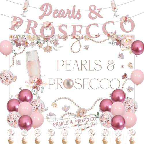 Perlen und Prosecco Brautdusche Dekorationen Champagner Floral Hintergrund Banner Perle Floral Hochzeit Cupcake Toppers Latex Ballons Bachelorette Schärpen für Frauen Hochzeit Braut von Festiblast