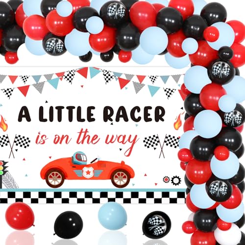 Rennauto Babyparty-Dekorationen, "A Little Racer is on the Way" Hintergrund rot schwarz Ballongirlande Bogen Kit mit Flaggenaufdruck Latexballon für Vintage Let's Go Racing Party Supplies Rennauto Babyparty-Dekorationen, "A Little Racer is on the Way" Hintergrund rot schwarz Ballongirlande Bogen Kit mit Flaggenaufdruck Latexballon für Vintage Let's Go Racing Party Supplies von Festiblast
