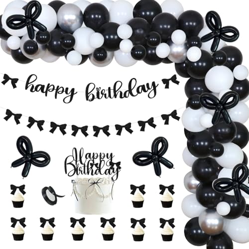 Schwarze Schleife Geburtstag Party Dekorationen Schleife Thema Happy Birthday Banner Glitzer Vintage Kokette Fliege Girlande Kuchen und Cupcake Toppers Band Ballon Girlande Bogen Kit für Mädchen Frau von Festiblast
