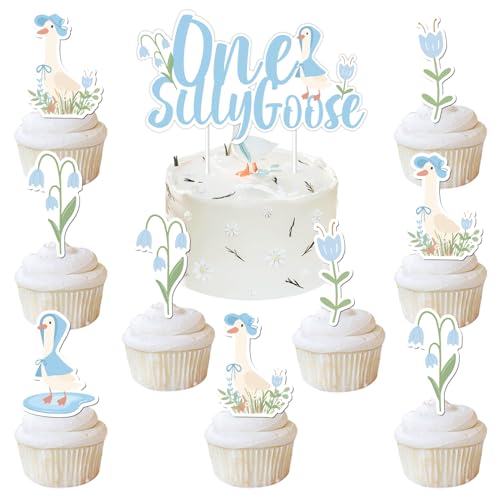 Silly Goose Party-Dekorationen, blau, 25 Stück, eine alberne Gänse-Kuchendekoration und Gänse-Cupcake-Topper, Kuchen-Dessert-Dekoration für Jungen, Bauernhoftiere, Gans, erster Geburtstag, Babyparty von Festiblast