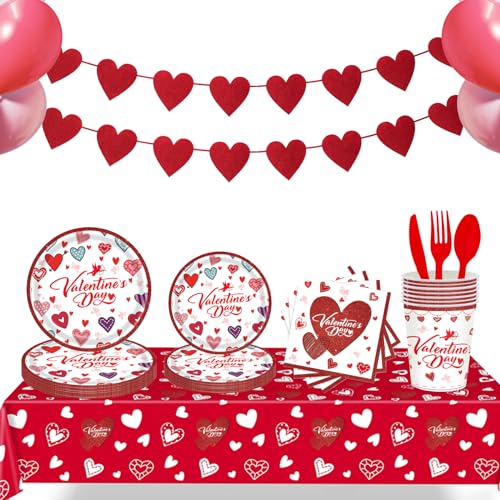 Festicreamy 128-teiliges Valentinstag-Teller und Servietten, Partyzubehör, schönes Herz-Pappteller-Set für Valentinstag, Party-Dekorationen, Verlobungen, Hochzeiten, Jubiläen, 16 Gäste von Festicreamy