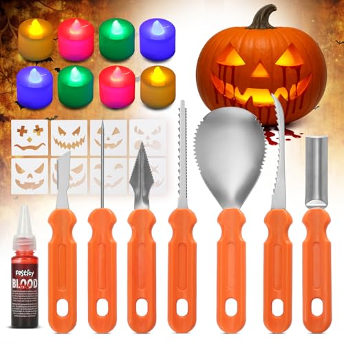 Festicy Halloween Kürbis Schnitzset I Komplettset mit 7 Schnitzwerkzeugen, 8 Schablonen, 8 LED Kerzen und 25ml Kunstblut I kreativer Halloween Deko Kürbis I Kürbis Aushöhlen für Groß und Klein von Festicy