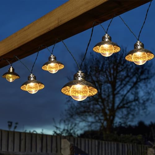 Festive Lights Solar-Evo-Lichterkette, 2,7 m (10 Stück) – verchromte Aufsätze und warmweiße LEDs – Drachenschuppen-Messing-Finish, IP44 bewertet, Outdoor-Gartendekoration – externes Panel, von Festive Lights