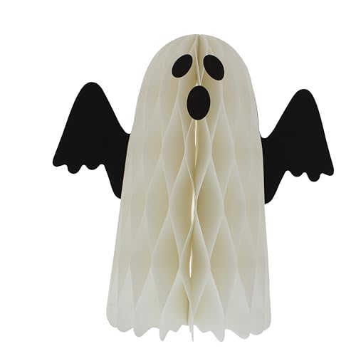 Festliche 25 cm hängende weiße Geisterdekoration – Halloween-Papierornament mit schwarzen Flügeln und Magnetverschluss – lustige Indoor-Party- oder Klassenzimmer-Dekoration von Festive Productions
