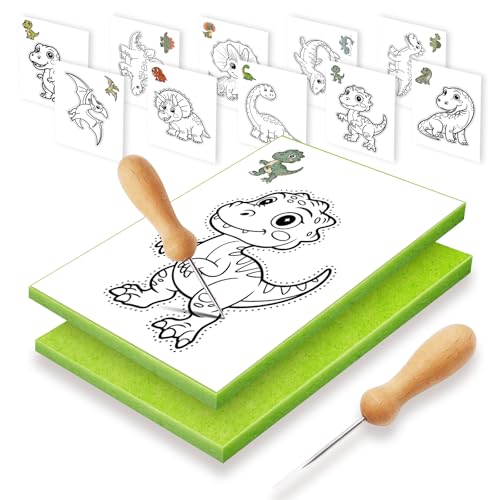 Fettwal Prickelnadel Set Kinder, Prickelset Stickbilder Sticken für Kinder ab 3, mit 2 Prickelnadel 2 Prickelfilz 10 Stickbilder, Verwendung unter Aufsicht der Eltern (Dinosaurier Thema) von Fettwal