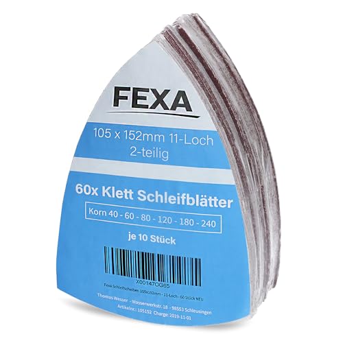Fexa Schleifblatt Set 60 Stück - Schleifpapier für Multischleifer - Klett Schleifpapier für Deltaschleifer - 105 x 152 mm, 40-240 Körnung, 11-Loch Fexa Schleifblatt Set 60 Stück - Schleifpapier für Multischleifer - Klett Schleifpapier für Deltaschleifer - 105 x 152 mm, 40-240 Körnung, 11-Loch von Fexa