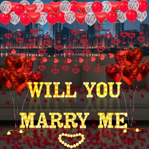 "Will You Marry Me", leuchtende Buchstaben, Antragsdekorationen, 14 Stück 16 cm Schild mit 24 flammenlosen Herzkerzen, 2000 Stück rote künstliche Rosenblätter, 45 Stück Latexballons, 10 Stück "Will You Marry Me", leuchtende Buchstaben, Antragsdekorationen, 14 Stück 16 cm Schild mit 24 flammenlosen Herzkerzen, 2000 Stück rote künstliche Rosenblätter, 45 Stück Latexballons, 10 Stück von Fezava