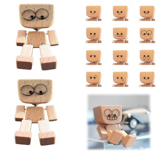 Schüttelnde Holzmann-Figur,Charmante kleine Holzfigur,die mit 12 magnetischen Ausdrücke schwankt,Wackelfüße Holzpuppe Auto-Lufterfrischer, handgefertigte Holz-Auto-Ornamente, Geschenke für Mann Frau von Fgbetcv