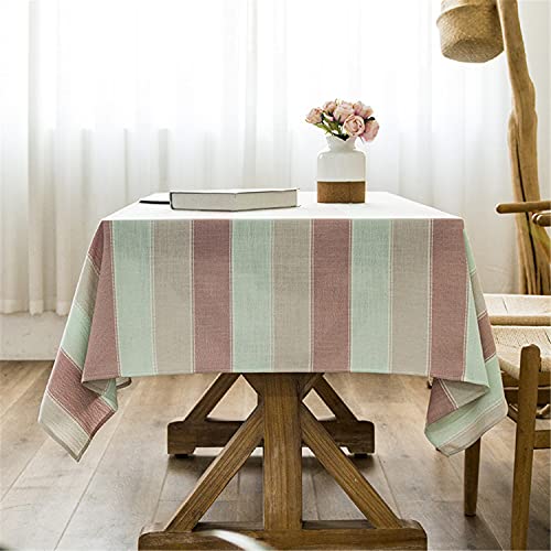 Baumwolle Leinen Nähen Quaste Tischdecke gestreift dreifarbige rechteckige Tischdecke für Küche Essen Tischdekoration, Rosa, 135x220cm/53 x 86 Zoll von Fhberni