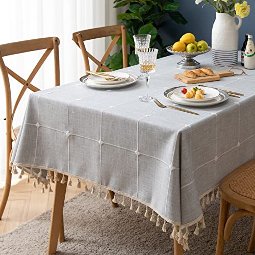 Bestickte quadratische Tischdecke Kariert Rustikal Knitterfrei Stoff Tischdecke für Küche Essen Party Urlaub, Grau kariert, 140 x 140 cm von Fhberni